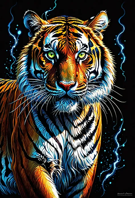 A mesmerizing dark fantasy illustration of a captivatingly detailed tiger, its intense and striking stripes popping against a dark canvas background. The tigers hypnotic, glowing eyes draw the viewer into the painting. The vibrant colors of the tigers fur ...