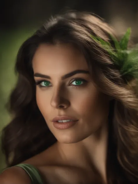 Woman, brunette, portrait, upper body, gorgeous latin face (((green eyes))), (soft makeup)
