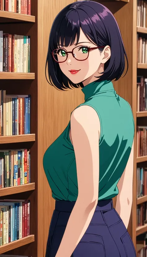 A 27-year-old anime girl wearing a casual high-neck sleeveless blue-purple t-shirt standing in front of a bookshelf, Alone, female anime character, anime visual of a young woman, bob haircut, red painted lips, thick lips, black hair, wearing glasses, big b...