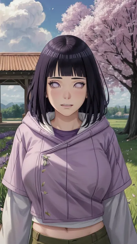 masterpiece, absurdres, hinata(boruto), 1girl, solo,mature female, purple hoodie,layered sleeves, brown pants,  outdoors,lavender flower field, looking at viewer, (falling petals), cloudy sky, perfect composition, detailed lips, big breast, beautiful face,...