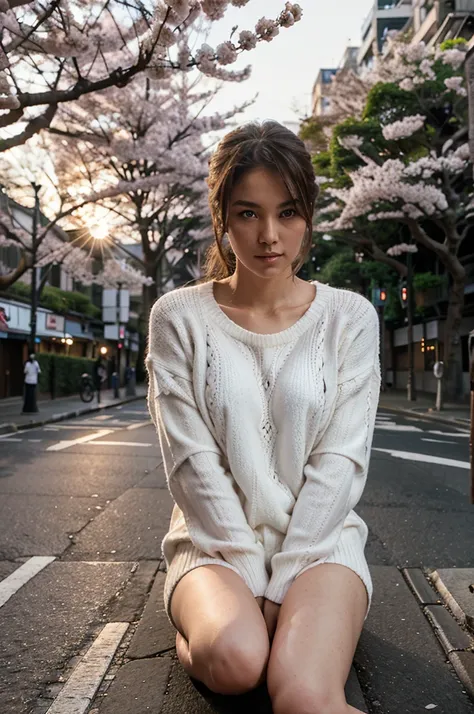 Female supermodel. White sweater. Sitting in the middle of road. Dim, soft lighting. Sunset. Meguro River Cherry Blossoms Promenade, Tokyo, Japan.