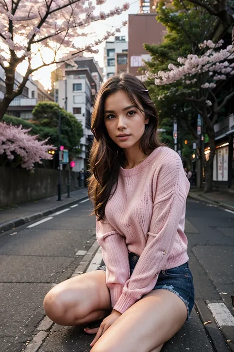 Female supermodel. Pink sweater. Sitting in the middle of road. Dim, soft lighting. Sunset. Meguro River Cherry Blossoms Promenade, Tokyo, Japan.