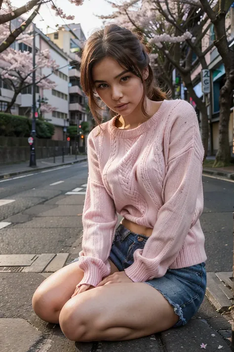 Female supermodel. Pink sweater. Sitting in the middle of road. Dim, soft lighting. Sunset. Meguro River Cherry Blossoms Promenade, Tokyo, Japan.