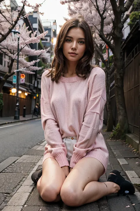 Female supermodel. Pink sweater. Sitting in the middle of road. Dim, soft lighting. Sunset. Meguro River Cherry Blossoms Promenade, Tokyo, Japan.