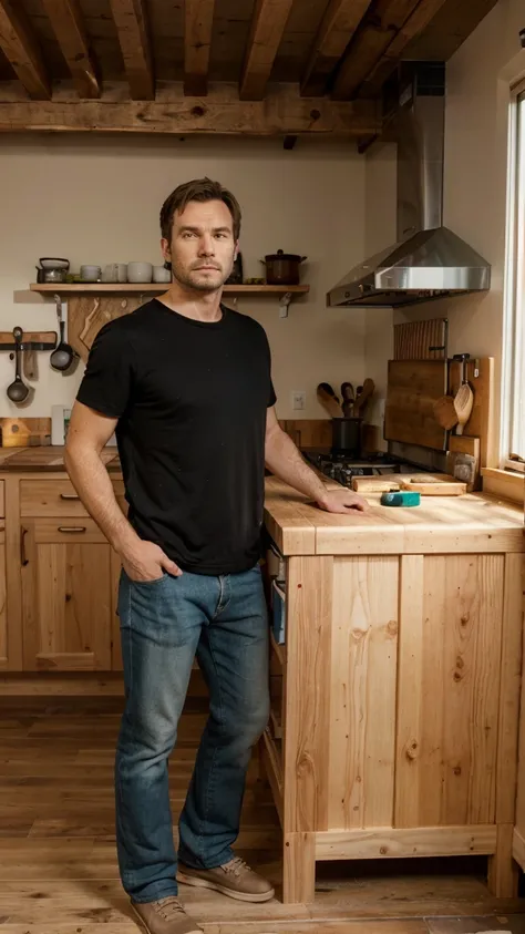 Man carpenter standing behind wooden kitchen set,