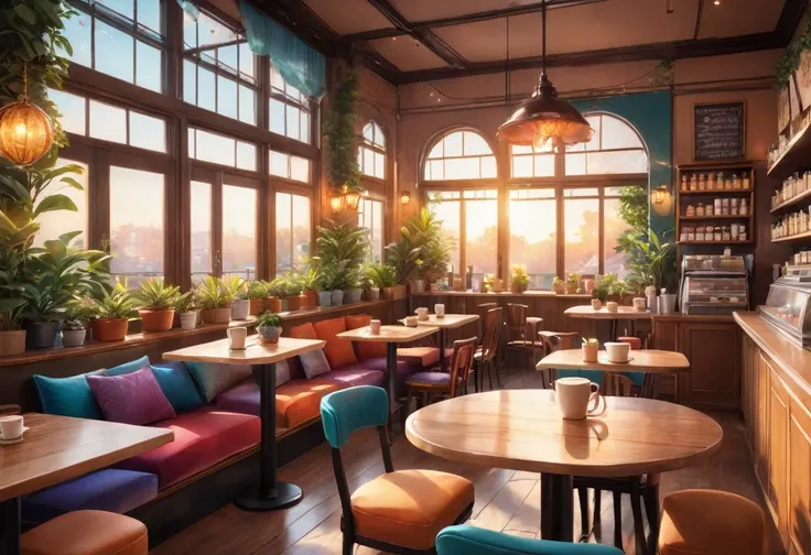 Anime-style, the interior of a coffee shop is illustrated with intricate details and vibrant colors. Delicate steam rises from the hot cappuccino coffee on the table, seats are with soft and colorful cushions, a lot of potted plants, adding to the cozy and...