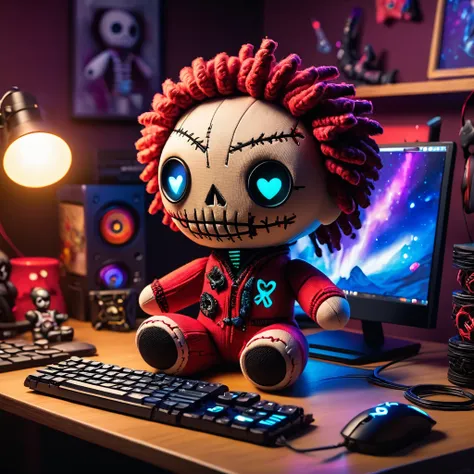 (knitted toy voodoo doll:1.5), (Voodoo Playing Computer Games:1.3), (Clothing: casual hoodie:1.0), (Accessories: gaming headset, keyboard:1.1), (background: cozy gaming setup with floating pixels, glowing monitors, and intense focus:1.2), best quality, mas...