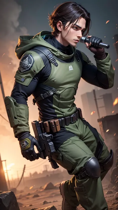 Man holding a pistol, combat suit with supports, shooting position 