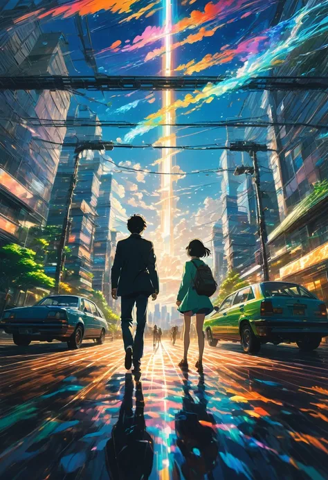 Wearing Glasses, full body, by Makoto Shinkai and Makoto Niitsu, dramatic composition, cinematic dynamic action scene, vibrant colors, cinematic lighting, dramatic lighting, best quality, masterpiece, very aesthetic, perfect composition, intricate details,...