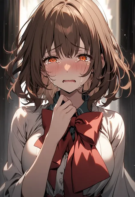 girl, beautiful, brown hair, orange eyes, breasts, crying, tears, red bow, yandere, medium hair