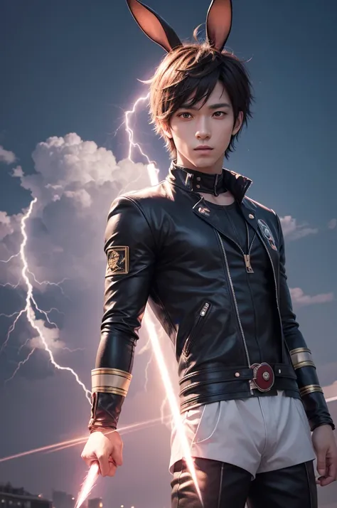 A human rabbit man in a realistic anime style outfit with lightning powers 