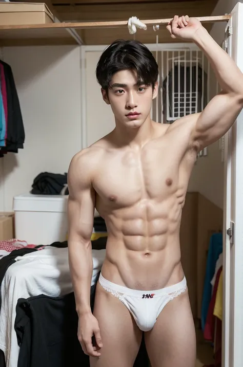 Eine hyperrealistische, 20 year old boy with white skin, dark hair, Dark eyebrows, show abs, topless , shirtless, Athletic Body, Bang Hair, Serious male, thoughtful, observer, wearing white thong, Mokkori, storage room,