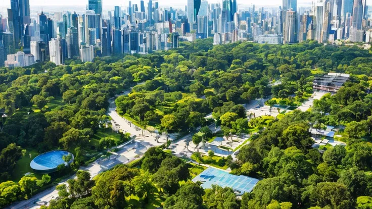 a beautiful big city in the middle of nature, a large metropolis surrounded by lush vegetation, skyscrapers among towering trees, modern architecture that blends perfectly with natural landscapes, a vibrant urban landscape with parks and gardens, a bustlin...