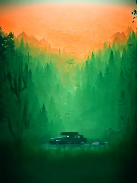 A rugged orange 4x4 vehicle drives through a muddy, rocky path in a lush, green jungle. Rain is falling, and the vehicle is covered in mud. The image is framed by tall trees and mountains in the distance. Write without spelling mistake, The text "ONE LIFE ...