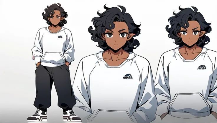 anime art style, dark elf, African skin, black hair, Curly hair, long hair, black eyes, ((man)), athletic body, Black jeans, white sweatshirt, hands in pockets and gradient sneakers, full body