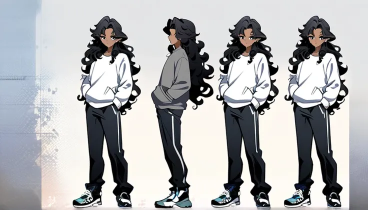 anime art style, dark elf, African skin, black hair, Curly hair, long hair, black eyes, ((man)), athletic body, Black jeans, white sweatshirt, hands in pockets and gradient sneakers, full body