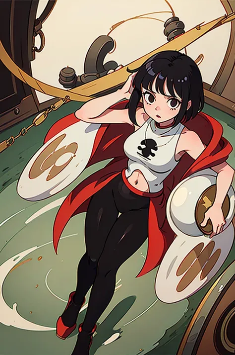 1 female, One piece art style, short girl, realistic lips, hourglass figure, leggings, bowl cut, black hair arms, hourglass figure, white eyes, red glass, in an apartment, sigh, best quality.
