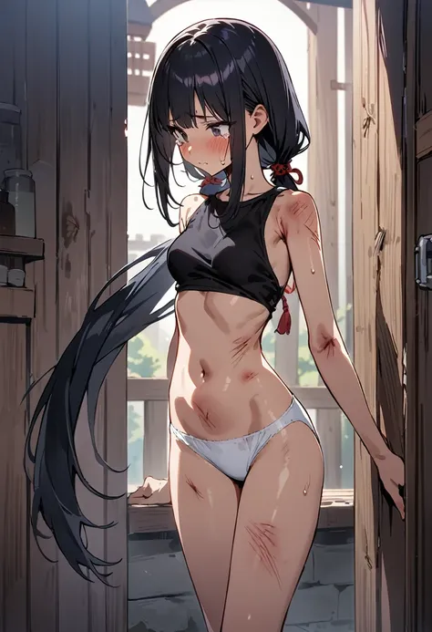 ((masterpiece,Highest quality;1.3,best illustration)),cowboy shot,1woman、独奏,30 year old beauty,((very small head:1.3)),black hair,(low ponytail),long hair,bangs,black eyes,gorgeous eyes,blush,regrettable,tears,medium breasts,(very long body:1.3),((toned bo...