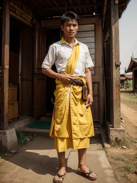 Man is wear myanmar longyi.