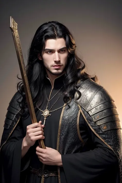 Tall man, age 26, blackquality hair, that go up to shoulder length and wavy. Caucasian skin, face with marked chin, fine nose, squared chin, eyes black, thick lips. Has a serious expression, is a powerful wizard from the medieval era, His clothes are black...