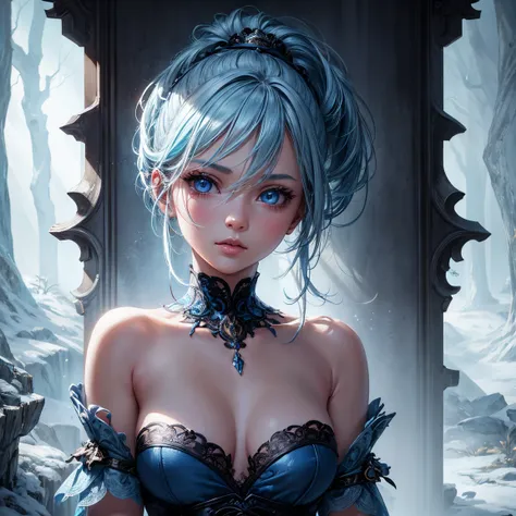 a young girl!, 1girl, light blue short ponytail hair, light blue hair!!, very small breasts!!!, blue eyes, she nude, penis instead of a pussy, full body, full body, lying, ghost forest, incredibly sexy body, detailed face, beautiful detailed eyes, beautifu...