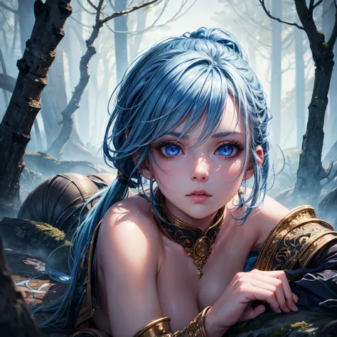 a young girl!, 1girl, light blue short ponytail hair, light blue hair!!, very small breasts!!!, blue eyes, she nude, penis instead of a pussy, full body, full body, lying, ghost forest, incredibly sexy body, detailed face, beautiful detailed eyes, beautifu...