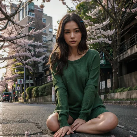 Female supermodel. Green sweater. Sitting in the middle of road. Dim, soft lighting. Sunset. Meguro River Cherry Blossoms Promenade, Tokyo, Japan.