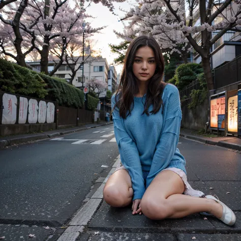 Female supermodel. Blue sweater. Sitting in the middle of road. Dim, soft lighting. Sunset. Meguro River Cherry Blossoms Promenade, Tokyo, Japan.