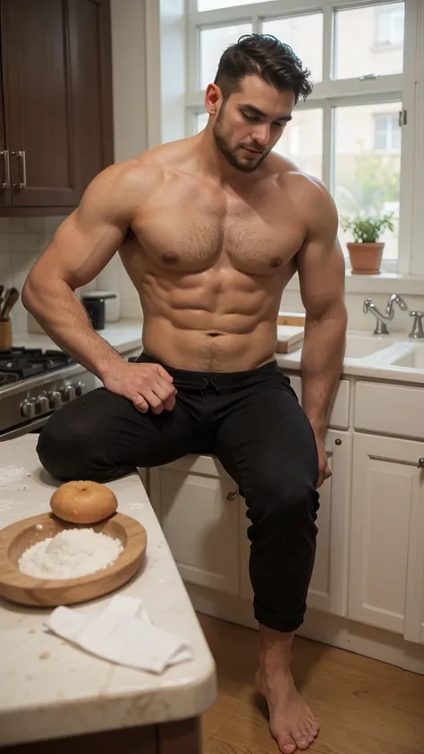 Real image of a latin model man with short black hair athletic body, short beard, shirtless, pants, kneading a dough on a table with flour in a kitchen with a large window. natural daylight.