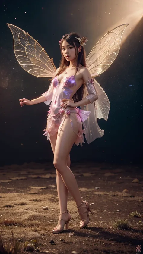 a young asian girl, wearing pink golden transparent dress, full body, ribbon on hair, stunning 3d render of a fairy, pixie character, portrait of a fairy, beautiful fairy, portrait of fairy, magical fairy background, beeple and jeremiah ketner, space flowe...