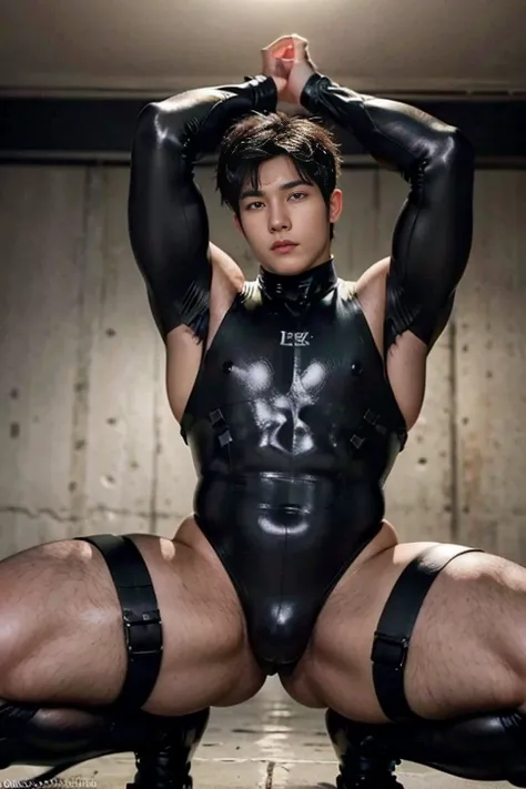 ((Best Quality, 8K, ultra-detailed, Masterpiece: 1.3)), 1boy, shiny skin, sharp, Perfect Body Beauty, realistic shaded perfect body, (kpop idol:1.1),("bodysuit, techwear,big bulge ":1.2),("leggins , armor":1.1),("glove, armor":1.1 ),(techwear)(dynamic pose...