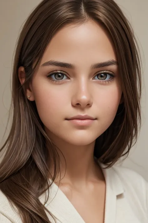 create a portrait profile photo of a girl with brown hair, light brown eyes, beautiful ultra realism photo taken with a professi...