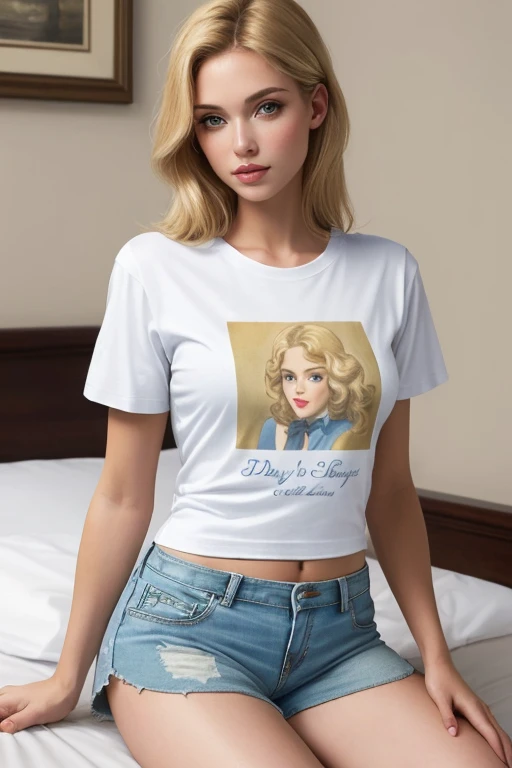 ((best quality)), ((masterpiece)), (detailed), beautiful American blonde women , wearing short sleeves white tie me up darling printed t-shirt and blue shorts,in bed