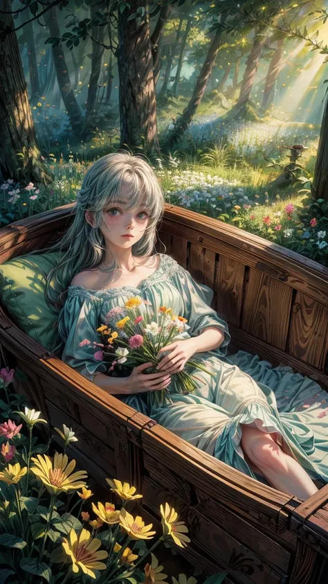 wide angle, an illustration with a girl leaning back on a large treasure box, filled with flowers inside the treasure box, roses, daisies and lilies, a forest, sunlight, color  pastel colors to convey a sense of tranquility, Art style should be anime-inspi...