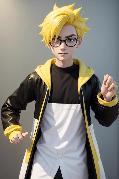 Fun boy character, Pixar-style, 3d, with yellow hair, greeneyes, black shirt and white coat