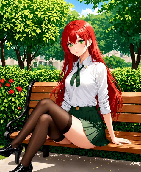 sitting cross-legged on a bench in the garden of a school, a stunningly beautiful  student at a military academy, 17 years old, /(perfect and detailed hands, fine fingers, perfect and highly detailed eyes, perfect face, perfect and athletic body,), /(long ...