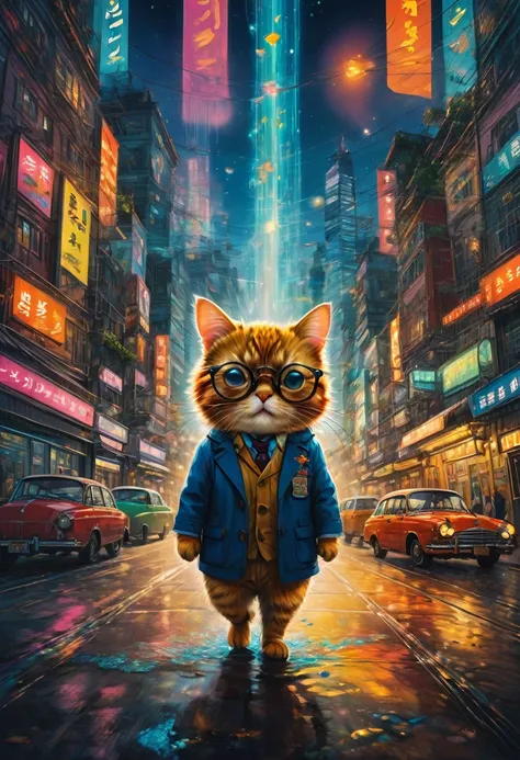 Wearing Glasses, full body, by Richard Scarry, dramatic composition, cinematic dynamic action scene, vibrant colors, cinematic lighting, dramatic lighting, best quality, masterpiece, very aesthetic, perfect composition, intricate details, ultra-detailed