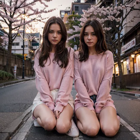 Female supermodel. Pink sweater. Sitting in the middle of road. Dim, soft lighting. Sunset. Meguro River Cherry Blossoms Promenade, Tokyo, Japan.