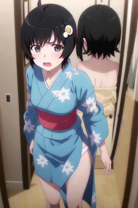 One Girl, alone, Watching,
araragitsukihi, hair ornaments,short hair, Ahoge, Unpack the box,A large kimono,Blue kimono, egg hair ornaments, Parted bangs,Very good, fully exposed,Panties in full view,Sweat,Anger that opens slits,blush, Open your mouth,Ruins...