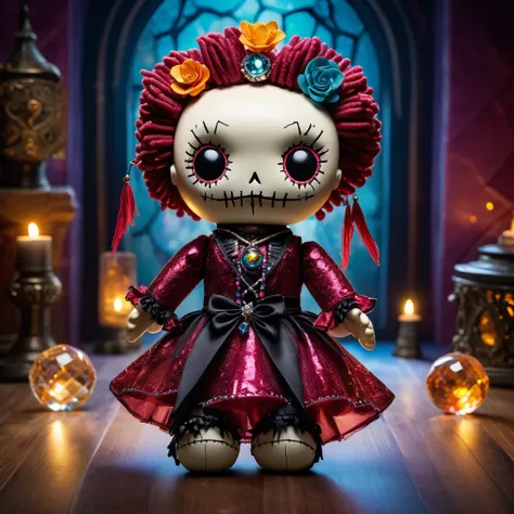 (knitted toy voodoo doll:1.5), (Voodoo Doll in a Crystal Tower:1.3), (Clothing: elegant attire with crystal shard patterns:1.0), (Accessories: enchanted crystal ball emitting a radiant glow, floating crystal fragments:1.1), (background: grand crystal tower...