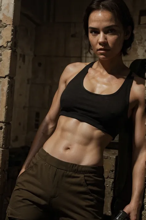 Daisy Ridley as Lara Croft (Tomb Raider), black tank top, brown tactical pants, short hair