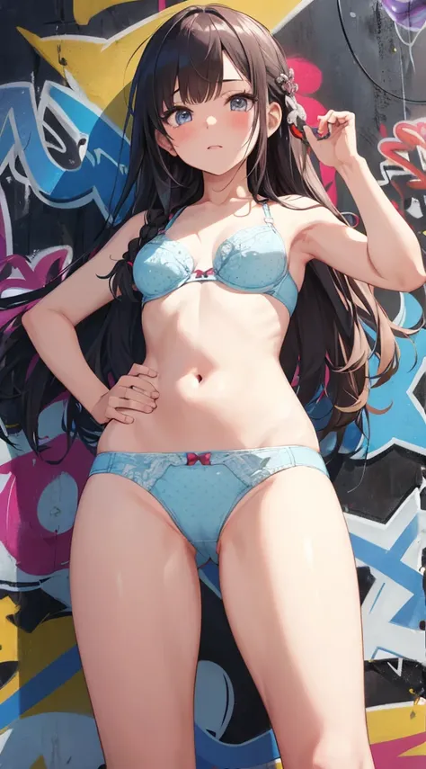 (masterpiece), (best quality), (ultra-detailed),(Style Princess:0.8), Solo, (1girl), single, The face is round and cute, (Dot pattern Panties), ( light blue panties),  light blue bra, ultra-small panties, Exposed shoulders, Exposed thighs,  only panties an...