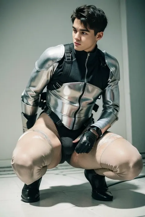 ((Best Quality, 8K, ultra-detailed, Masterpiece: 1.3)), 1boy, shiny skin, sharp, Perfect Body Beauty, realistic shaded perfect body, (cute baby face:1.1),("bodysuit, techwear,big bulge ":1.2),("leggins , armor":1.1),("glove, armor":1.1 ),(techwear)(dynamic...