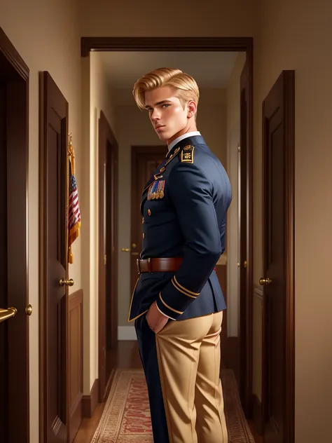 leyendecker style illustration : a handsome blond guy, 17 years old, looks at the ceremonial officer's uniform of a "navy seal" ...