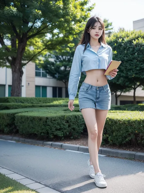 (best quality, Masterpiece, Realistic photos, very detailed, Ultra high resolution, raw:1.3), 1 woman, beautiful, Japan, in university, A young university girl wears a green button-up crop top., Blue Jeans, showing navel, College Student, navel, (canvas sh...