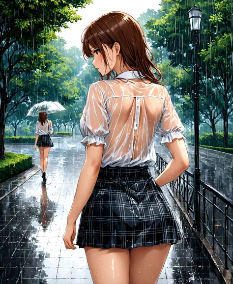 Park, walking, in the rain, a women, beautiful, sexy, medium chest, wide hips, small waist, shapely legs, perfect thighs, shy, blushing, looking at the viewer, , plaid miniskirt, blouse, traslucent blouse, wet blouse, sweat and wet body, back turned, /(foc...