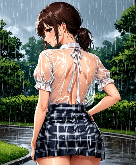 Park, walking, in the rain, a women, beautiful, sexy, medium chest, wide hips, small waist, shapely legs, perfect thighs, shy, blushing, looking at the viewer, , plaid miniskirt, blouse, traslucent blouse, wet blouse, sweat and wet body, back turned, /(foc...