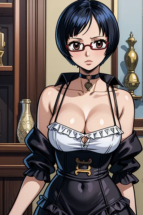 1 female, One piece art style, short girl, realistic lips, black choker, hourglass figure, polo with exposed with cleavage, frilly dress bowl cut, black hair, hourglass figure, white eyes, red glasses, in an apartment, sigh, best quality.