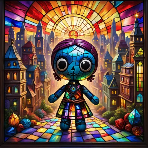 (knitted toy voodoo doll:1.5), (Voodoo Doll in a Stained Glass City:1.3), (Clothing: artistic attire with stained glass patterns:1.0), (Accessories: enchanted glass cutter emitting a prismatic light, floating glass shards:1.1), (background: intricate citys...