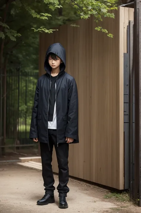 work of art,high qualiy,standing alone,plein-air,
Yuuji Itadori,1 young boy,
gakuran,hooded cloak,
trunk,